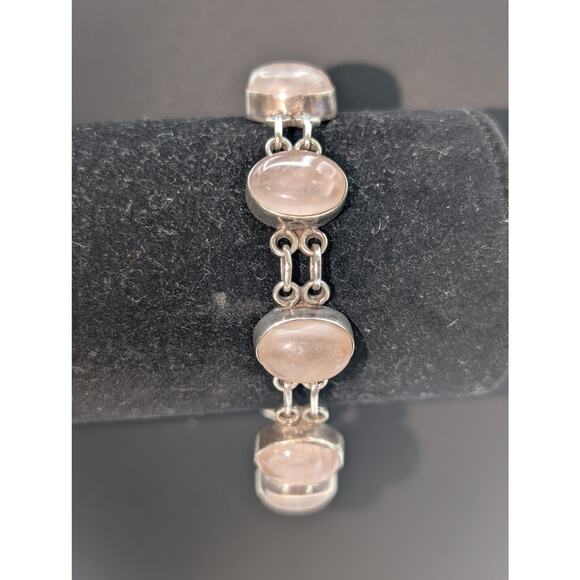 Vintage 925 Sterling Silver Rose Quartz Toggle Clasp Bracelet - Picture 2 of 12